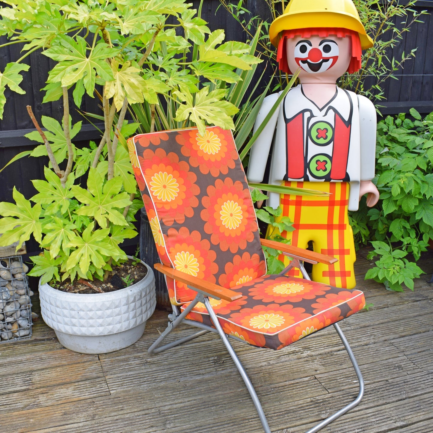 Vintage 1960s Folding, Padded Garden Chair - Flower Power - Orange