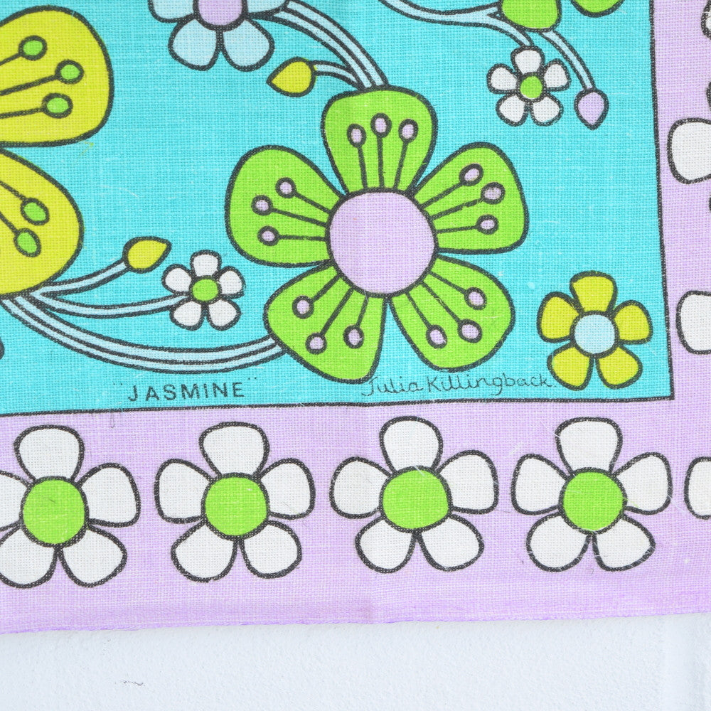 Vintage 1960s Flower Power Cotton Tea Towel - Jasmine - Julia Killingback - Purple detail 2