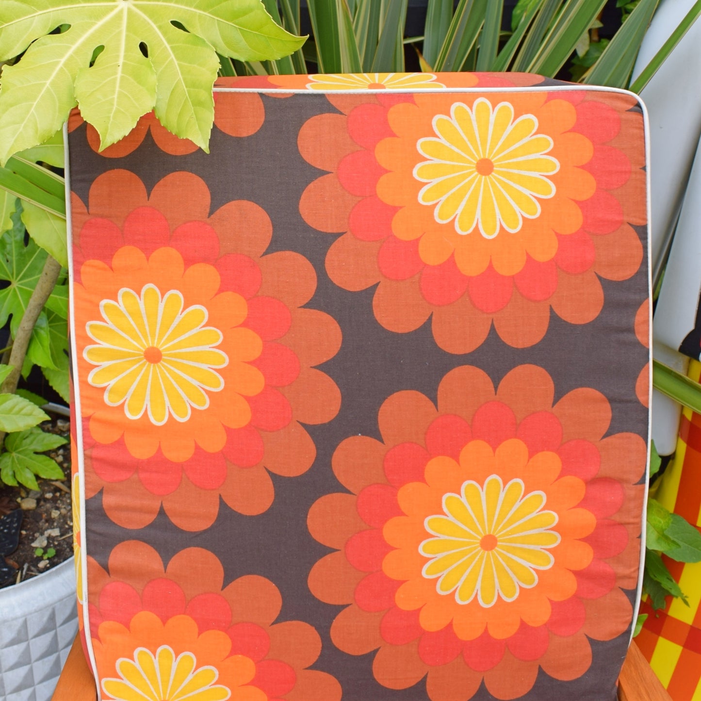 Vintage 1960s Folding, Padded Garden Chair - Flower Power - Orange