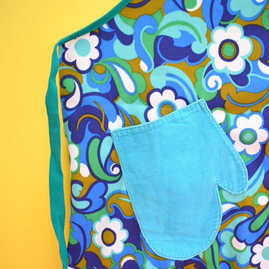 Vintage 1960s Psychedelic / Flower Power Full Apron - Blue & Green by Pineapple Retro