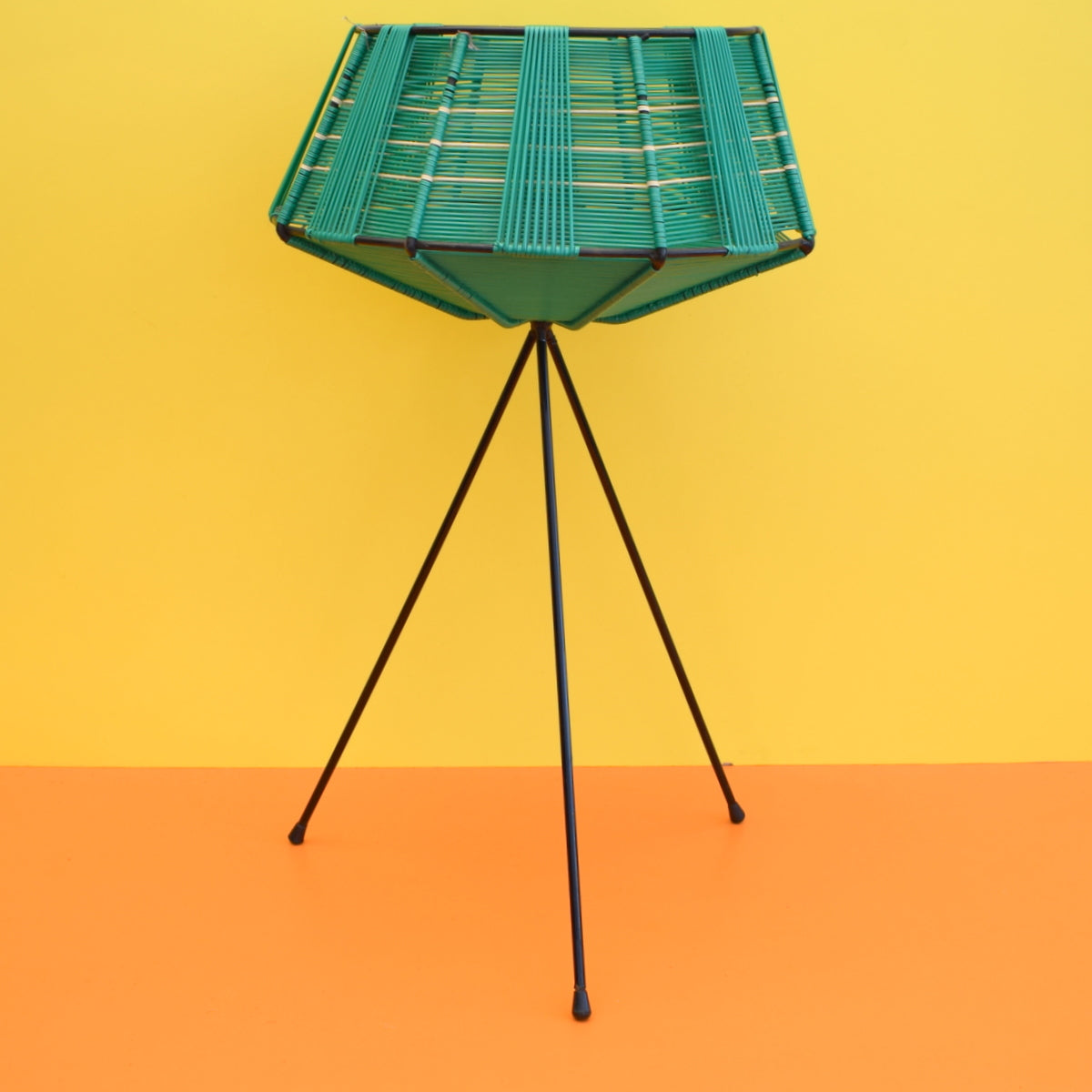 Vintage 1950s Atomic Wool Basket / Plant Stand - Green & Black