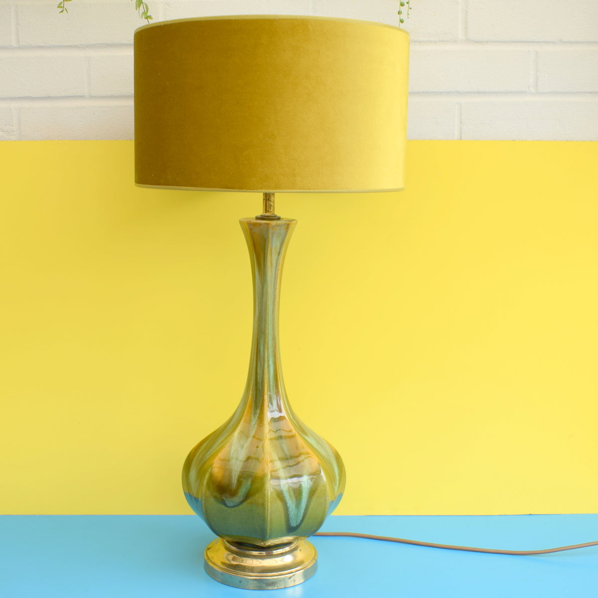 Vintage 1950s Large Danish Drip Table Lamp - Olive Green