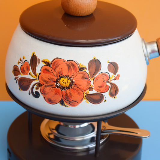 Vintage 1980s Fondue Set - Orange Flower Power- Unused by Vintage