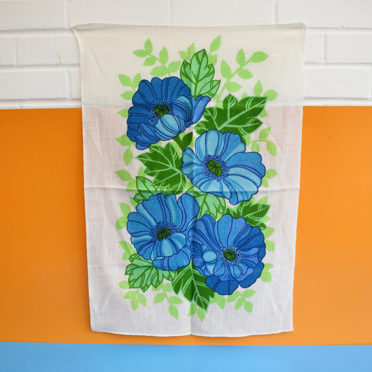 Vintage 1960s Cotton Tea Towel - Flower Power - Blue