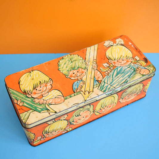 Vintage 1970s Rectangular Metal Tin - Kids & Crayons