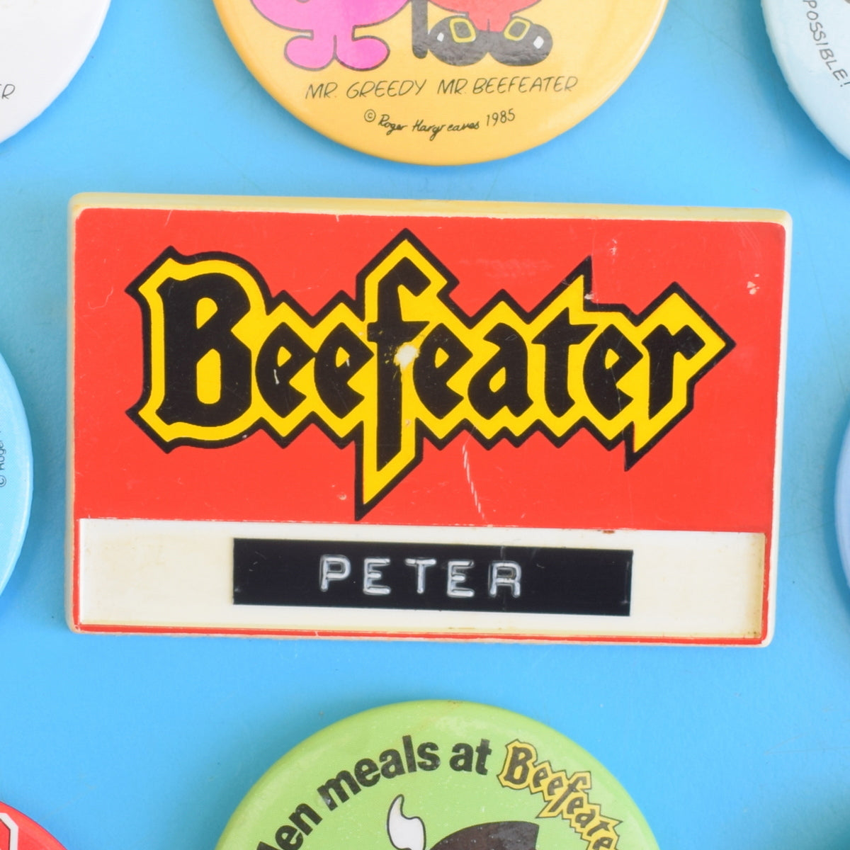 Vintage 1980s Badges - Beefeater Mr Men / Employee