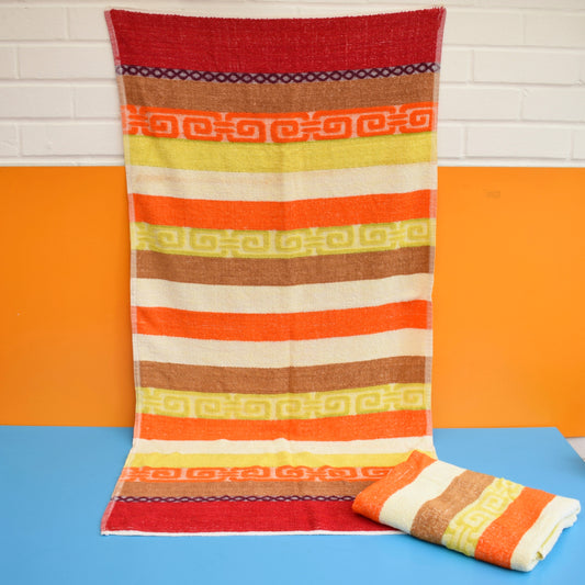 Vintage 1960s Cotton Towels - Striped Red / Orange
