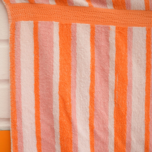 Vintage 1960s Cotton Bath Towel - Stripes - Orange/ Pink