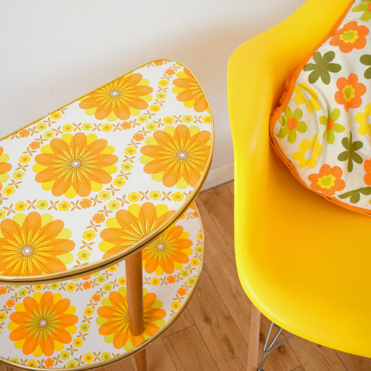 Vintage 1960s Half Moon Side Table - Flower Power - Orange Vinyl
