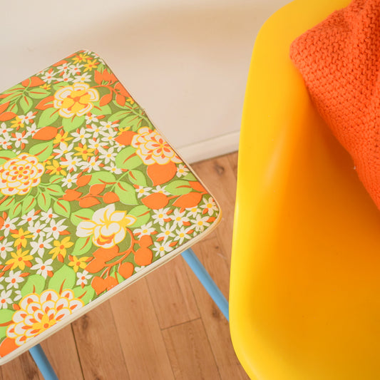 Vintage 1960s Flower Power Vinyl Folding Stool - Orange & Green