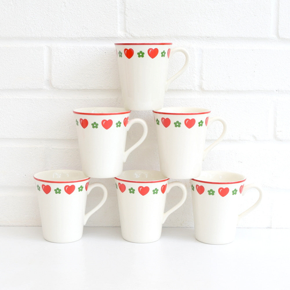 6 Vintage 1970s Barratts China Hearts & Flowers Mugs, Red & Green