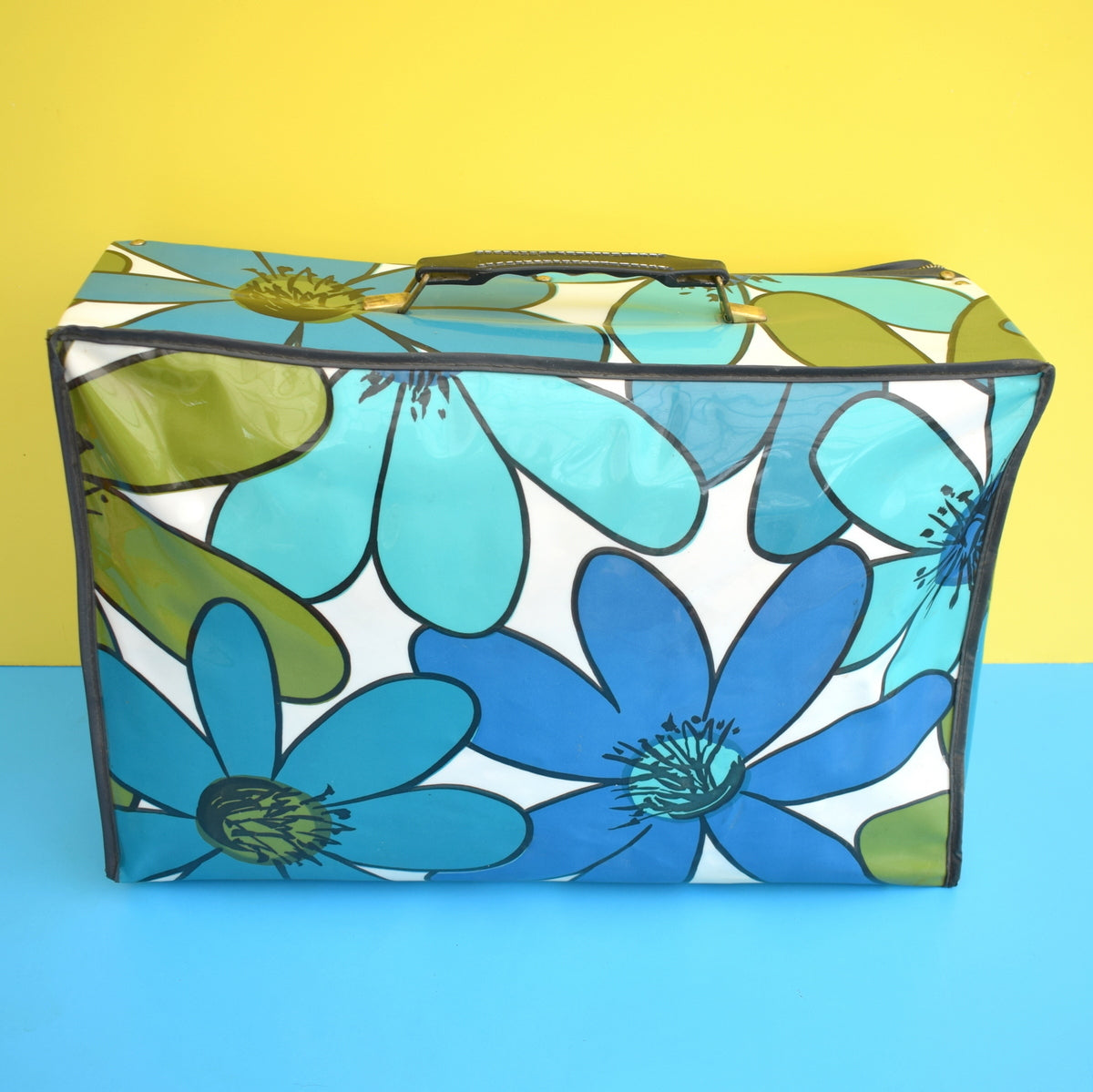Vintage 1960s PVC Suitcase - Flower Power - Blue & Green