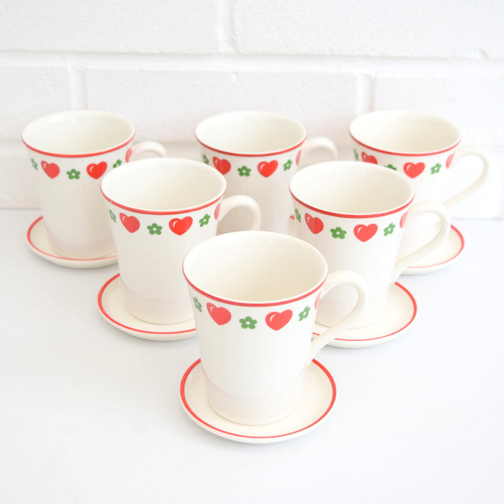6 Vintage 1970s Barratts China Heart & Flowers Mugs, Red & Green