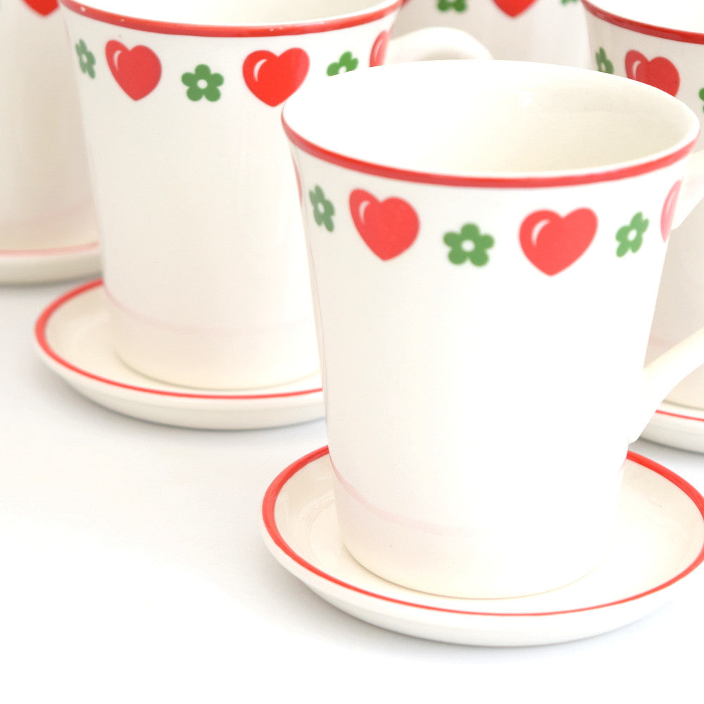 6 Vintage 1970s Barratts China Heart & Flowers Mugs, Red & Green