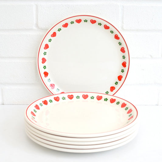 6 Vintage 1970s Barratts China Hearts & Flowers Dinner Plates, Red & Green