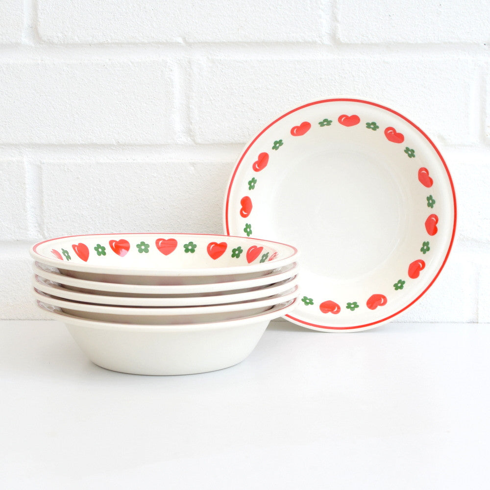 6 Vintage 1970s Barratts China Heart & Flowers Bowls, Red & Green