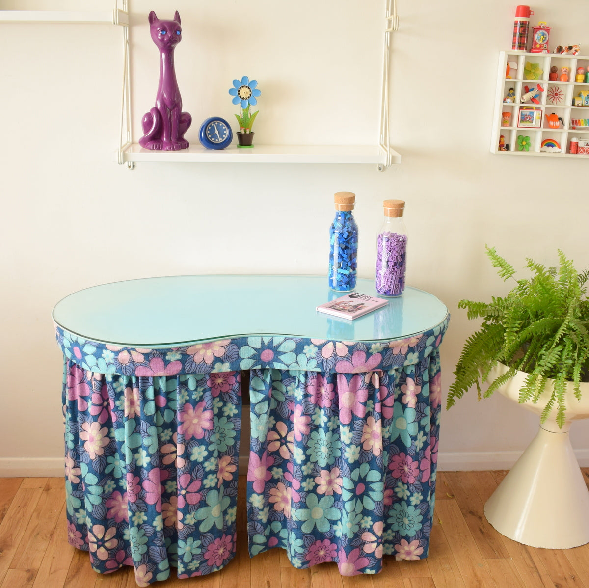 Vintage 1960s Flower Power Kidney Shaped Dressing Table - Purple & Blue