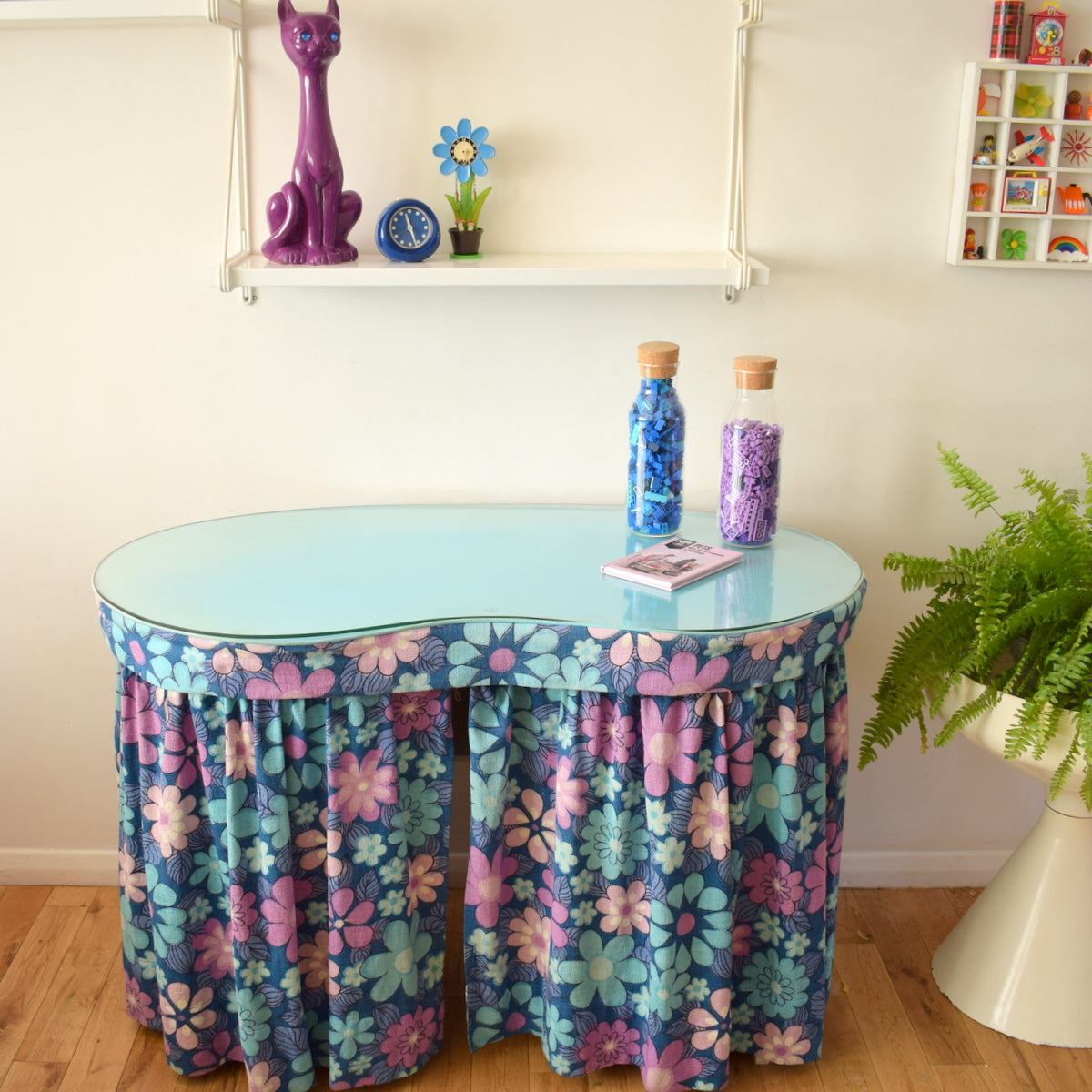 Vintage 1960s Flower Power Kidney Shaped Dressing Table - Purple & Blue