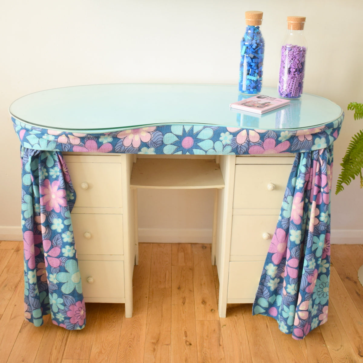 Vintage 1960s Flower Power Kidney Shaped Dressing Table - Purple & Blue