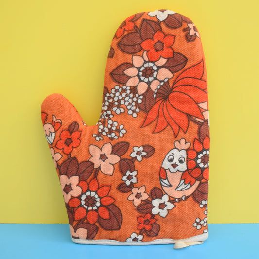 Vintage 1960s Flower Power / Bird Design Oven Glove - Orange