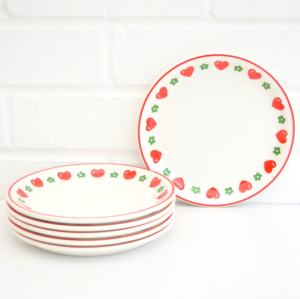 6 Vintage 1970s Barratts China Heart & Flowers Tea plate Set, Red & Green