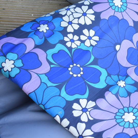Vintage 1960s Padded Long Cushion / Mattress - Blue & Purple Flower Power