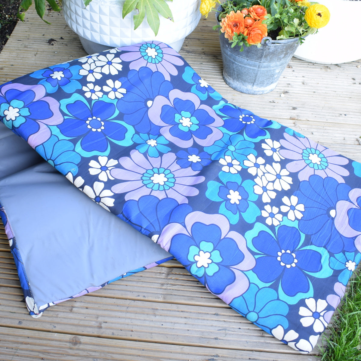 Vintage 1960s Padded Long Cushion / Mattress - Blue & Purple Flower Power