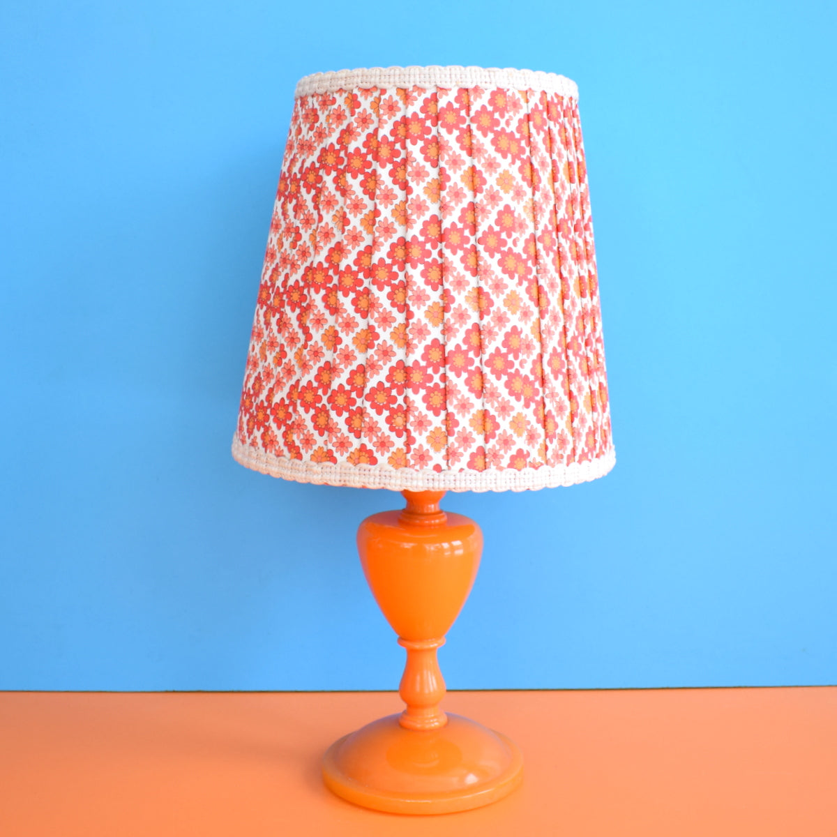 Vintage 1960s Small Orange Table Lamp - Original Flower Power Vinyl Shade, Pink & Orange