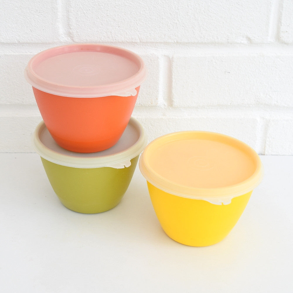 Vintage 1970s Plastic Tupperware Small Lidded Tubs x3 - Orange, Yellow & Green
