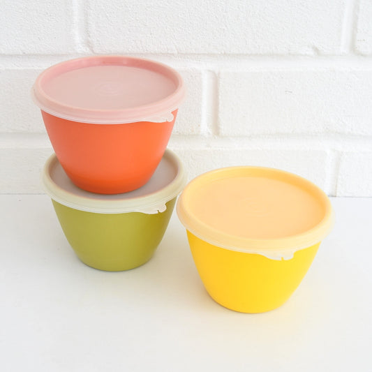 Vintage 1970s Plastic Tupperware Small Lidded Tubs x3 - Orange, Yellow & Green
