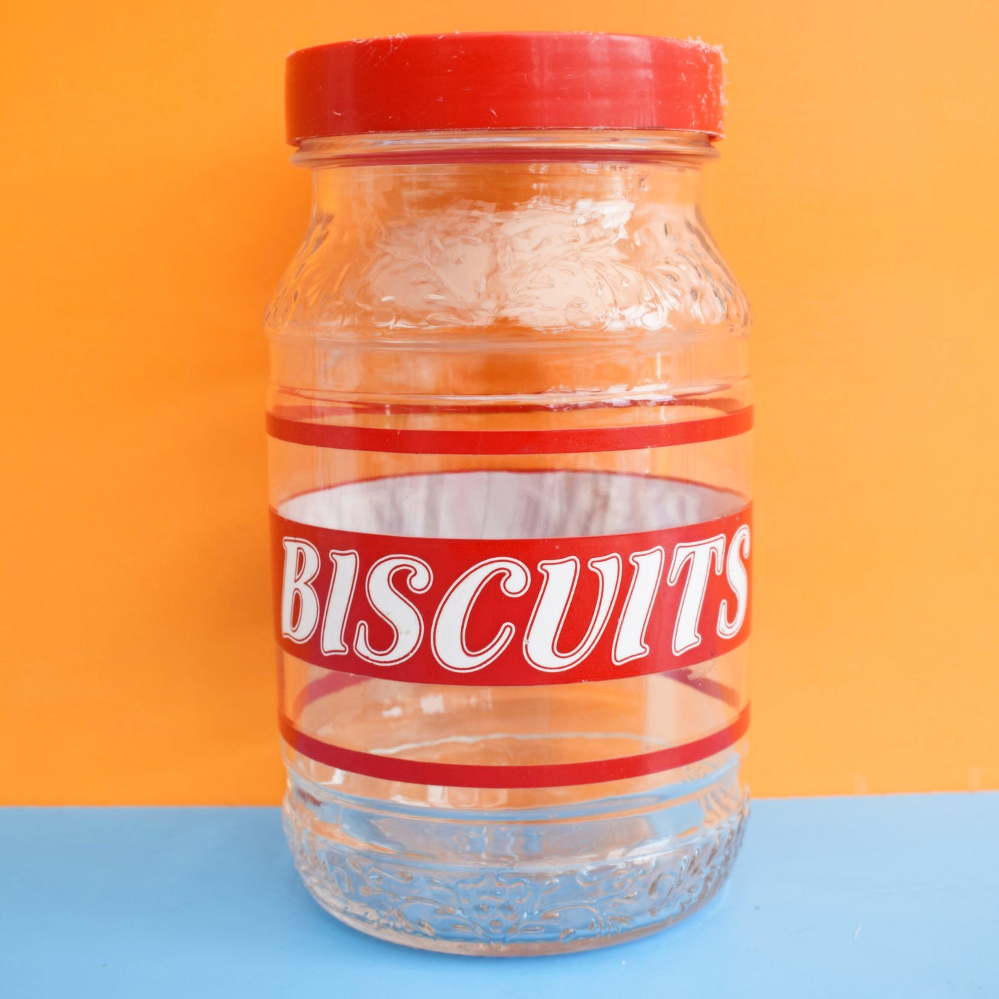 Vintage 1980s Glass Biscuit Jar - Red