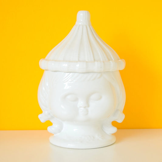 Vintage 1950s Elpa Alcobaca Ceramic Girls Head Jar - White