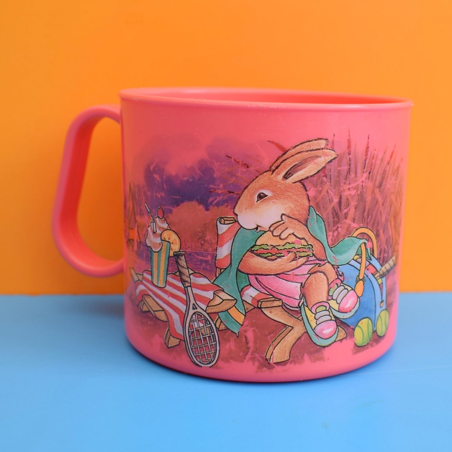 Vintage 1970s Plastic Mug - Sporty Bunny- Pink