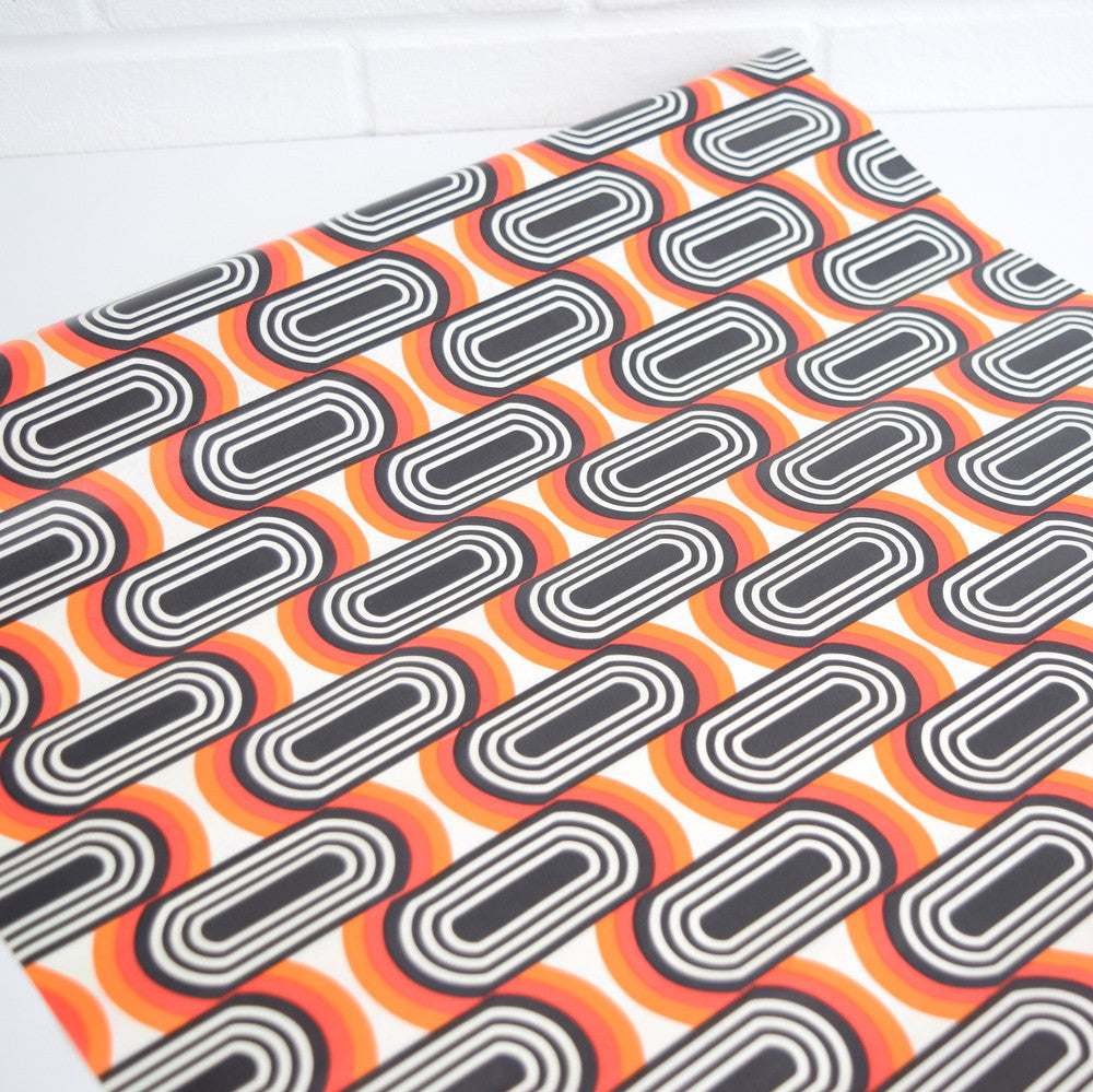 Vintage 1960s French Waxed Shelf Paper / Upcycling - Orange & Black Geometric