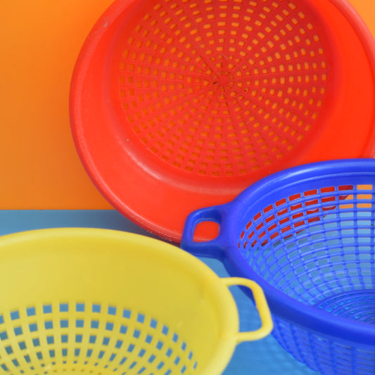 Vintage 1960s Plastic Colanders - Red, Yellow, Blue by Vintage