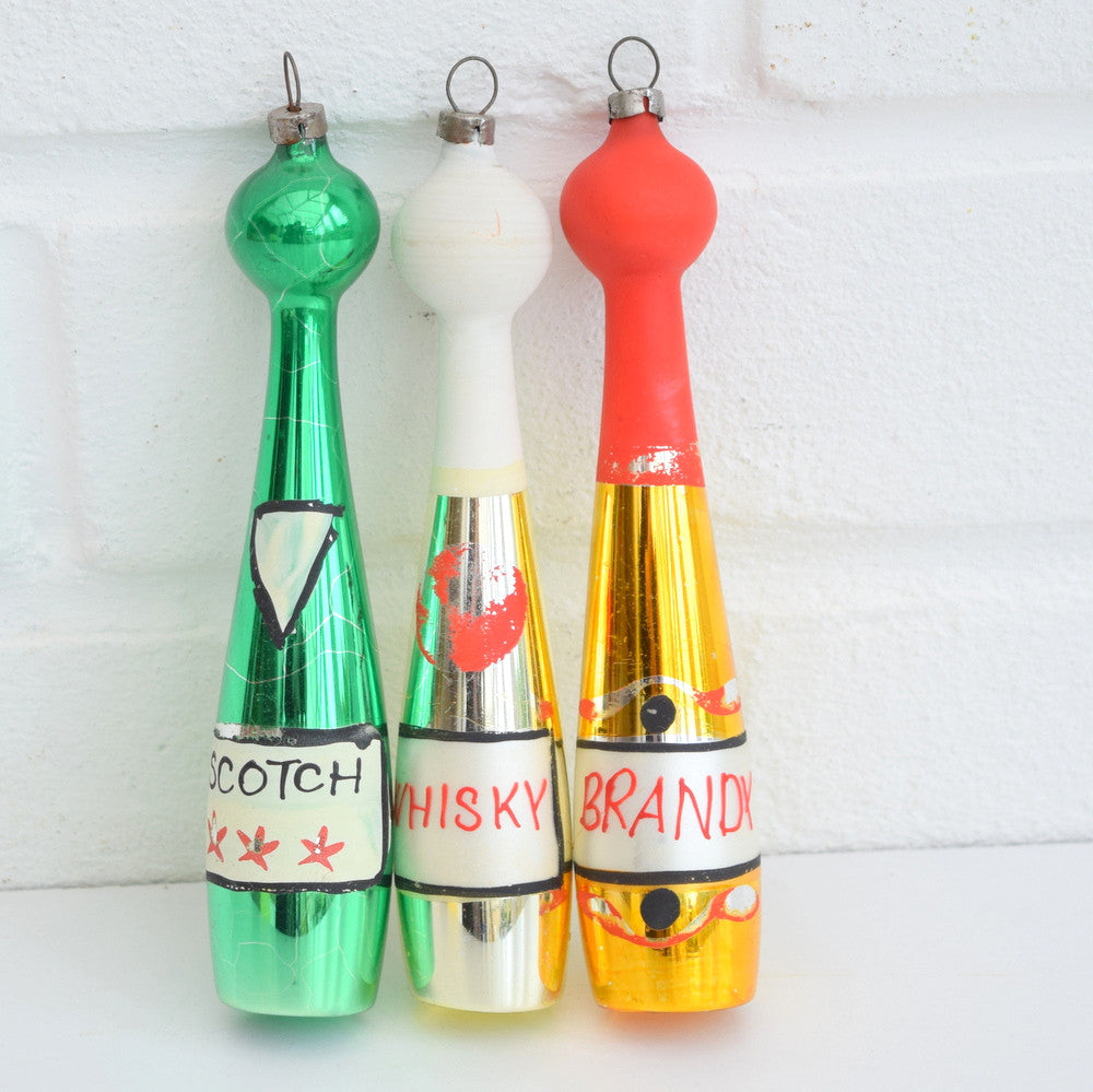 Vintage 1950s Glass Christmas Baubles / Decorations - 3 Spirit Bottles