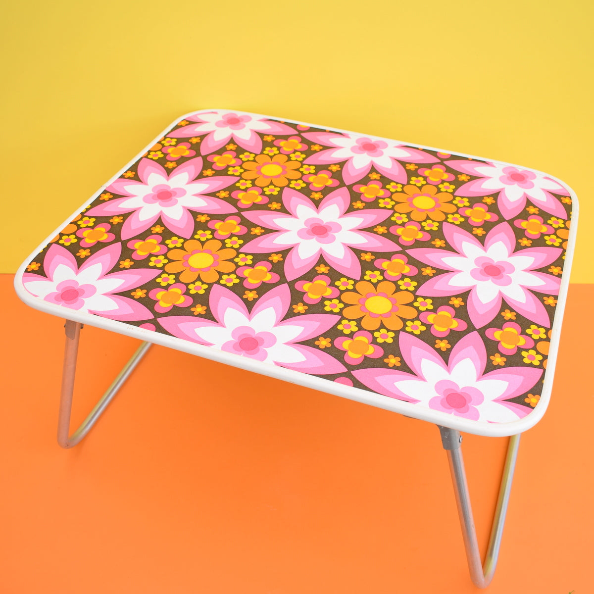 Vintage 1960s Folding Low Table - Flower Power - Pink & Orange