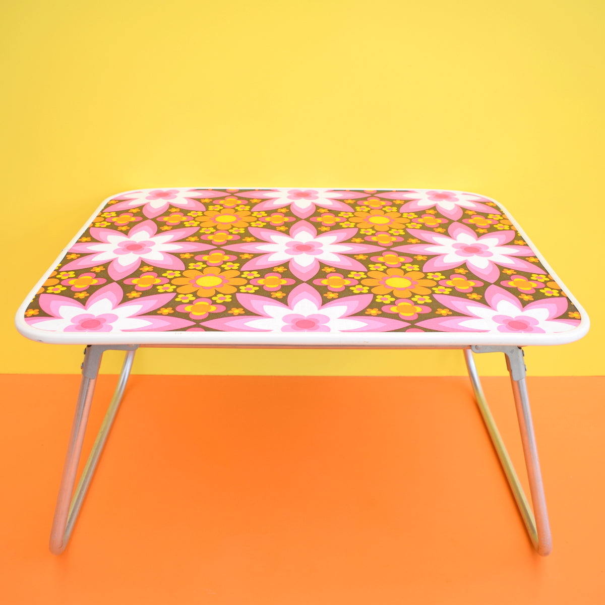Vintage 1960s Folding Low Table - Flower Power - Pink & Orange