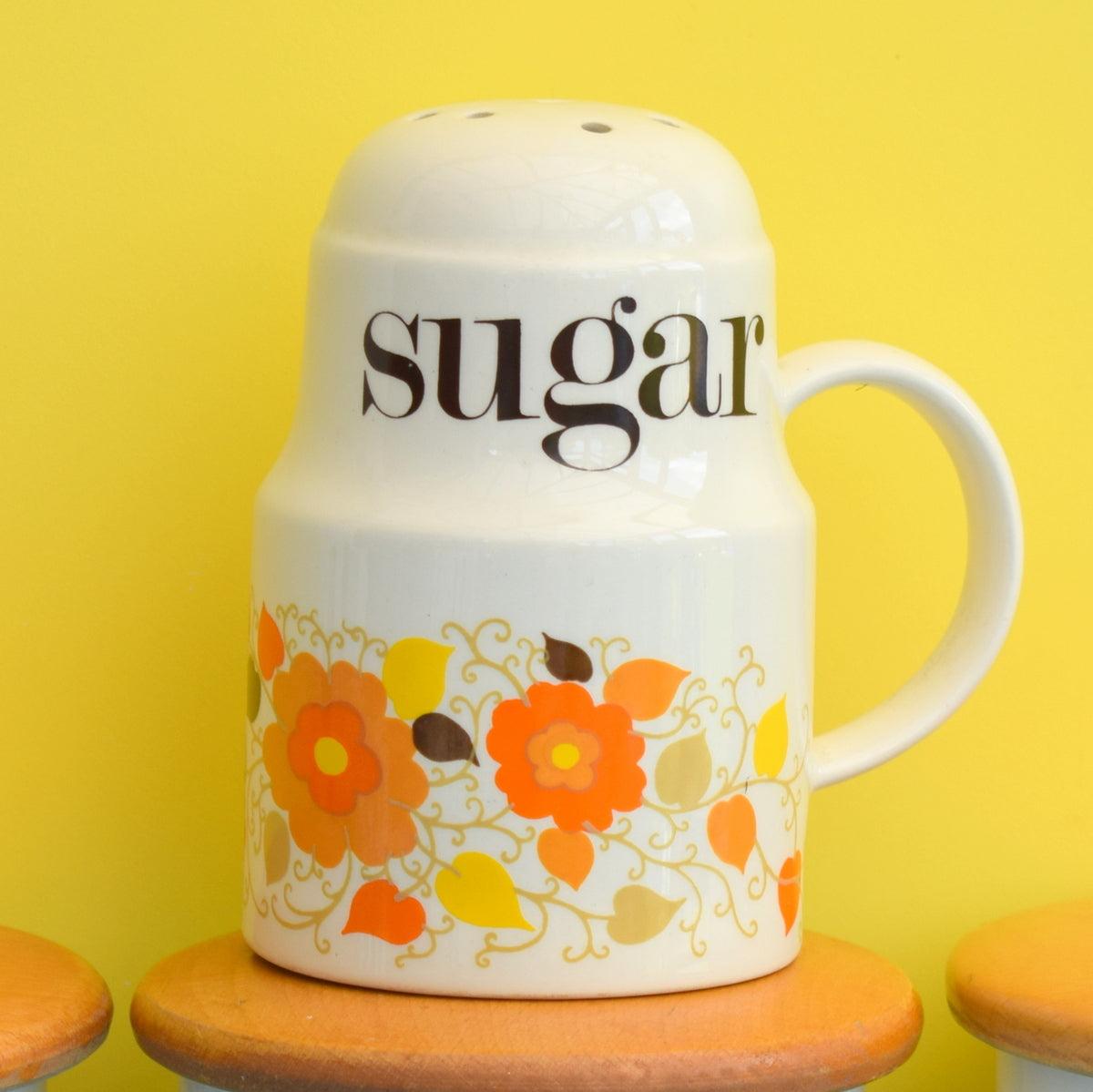 Vintage 1960s Crown Devon Ceramic Jars - Flower Power - Coffee / Sugar - Wooden Lids
