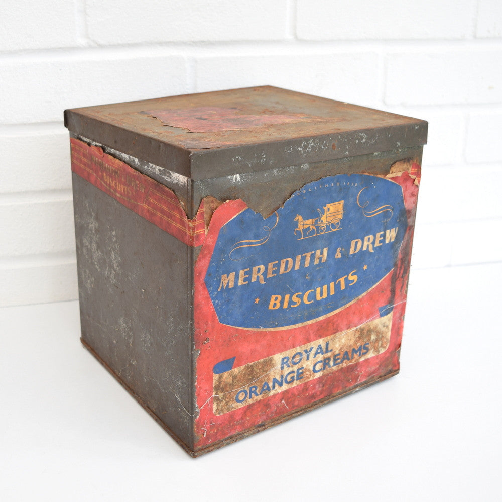 Vintage Rustic Metal Industrial Box - Old Factory Meredith & Drew Biscuit Tin