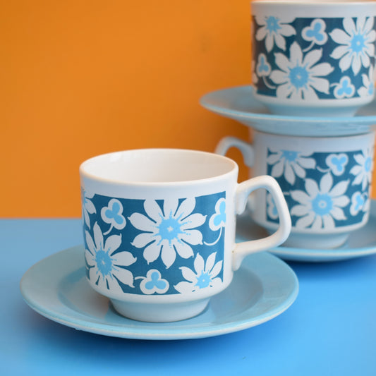 Vintage 1960s Tams Cups & Saucers - Flower Power - Blue