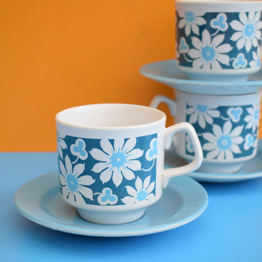 Vintage 1960s Tams Cups & Saucers - Flower Power - Blue by Pineapple Retro