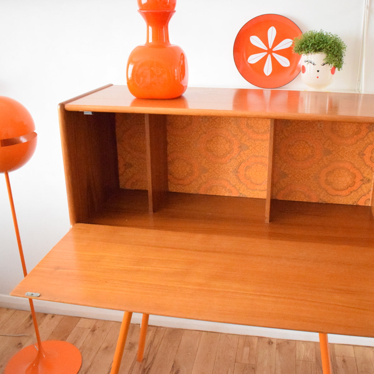 Vintage 1960s Honey Teak Bureau - Lacquered Orange Legs & Wallpaper Backing - Orange