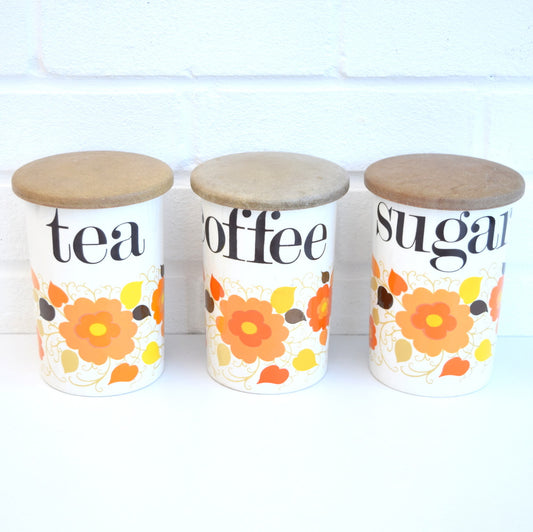 Vintage 1960s Crown Devon Ceramic Jars- Flower Power - Coffee / Tea / Sugar