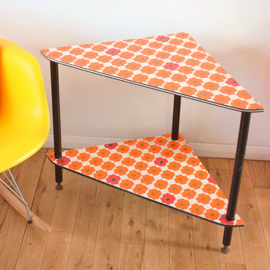 Vintage 1960s Tiered Side Table - Flower Power - German Wallpaper - Red & Orange