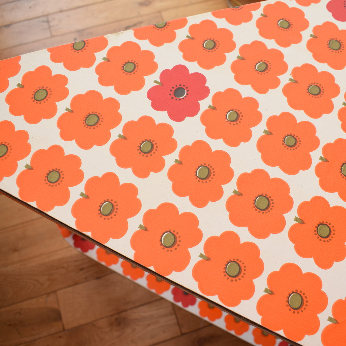 Vintage 1960s Tiered Side Table - Flower Power - German Wallpaper - Red & Orange