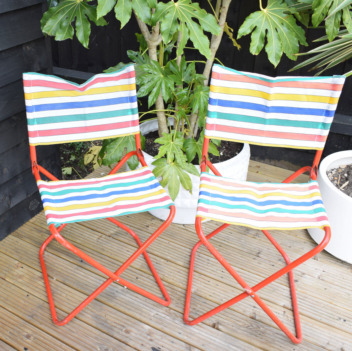 Vintage 1960s Striped Nylon Folding Stool / Chair Pair - Rainbow Stripe
