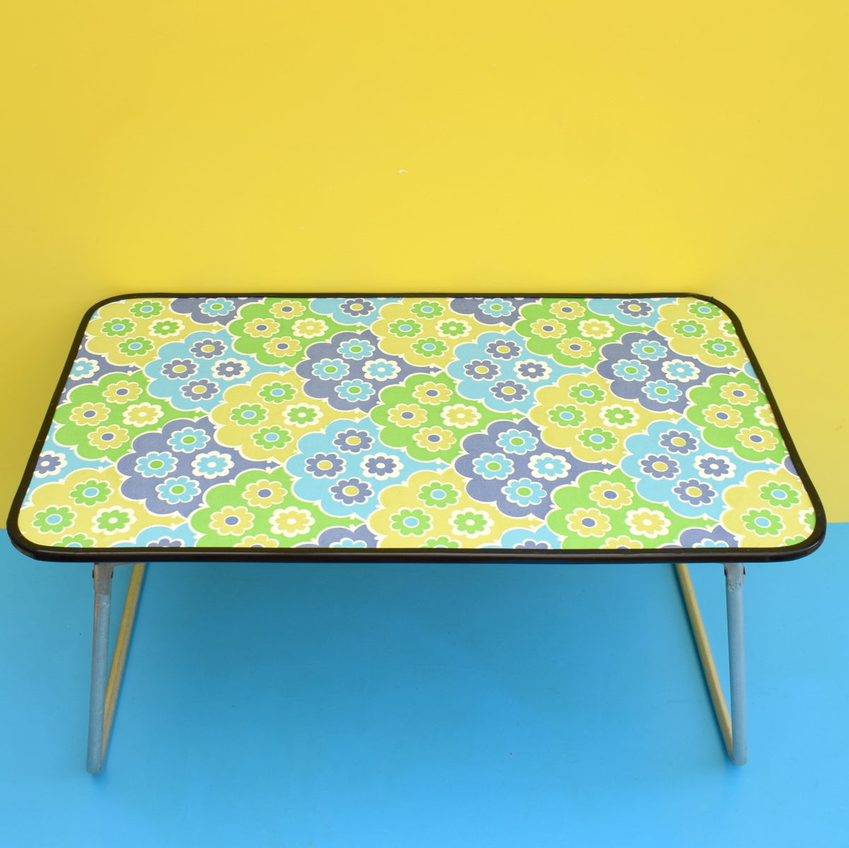 Vintage 1960s Folding Low Table - Flower Power - Green & Blue
