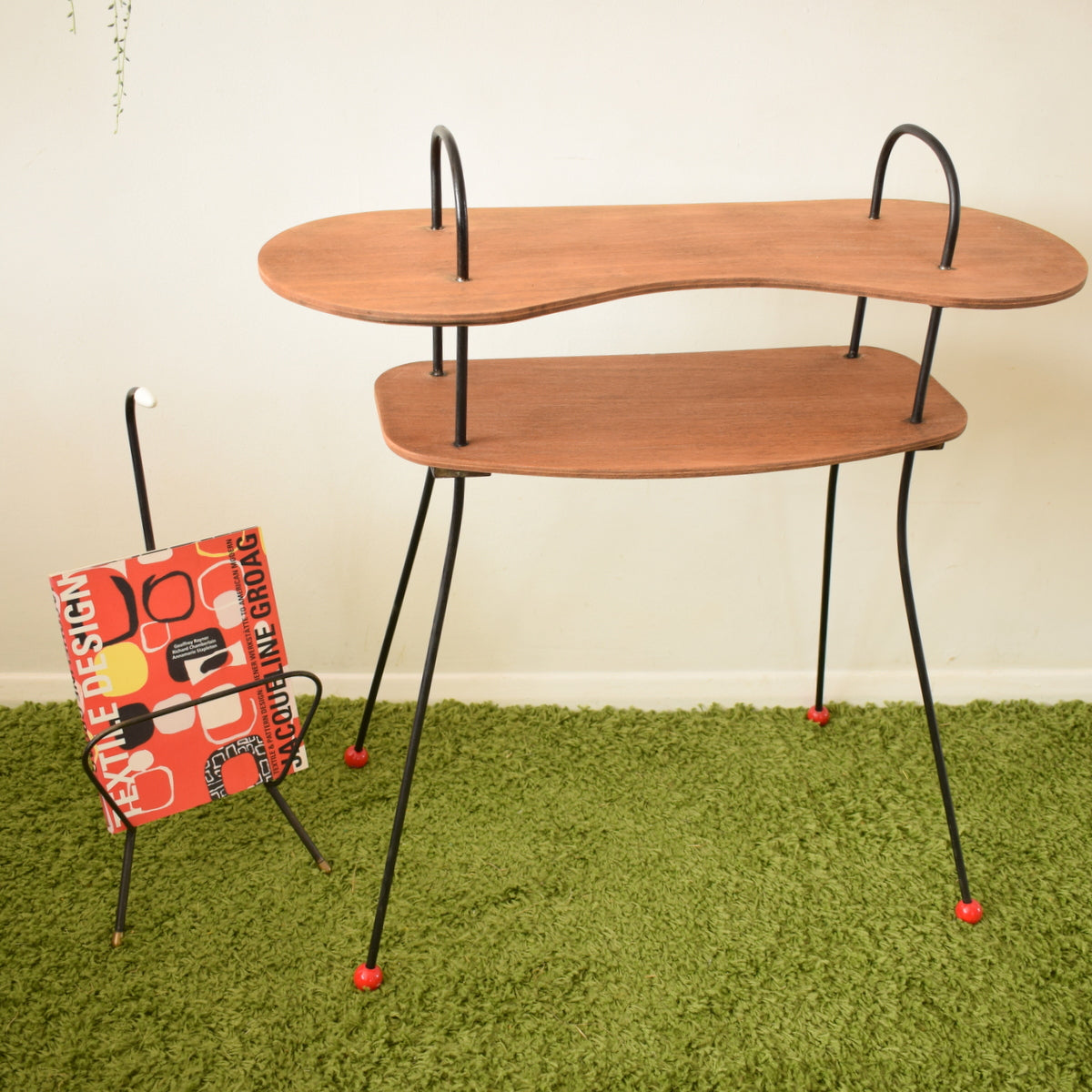 Vintage 1950s Atomic Hall Table - Teak Plywood / Metal - Red Ball Feet
