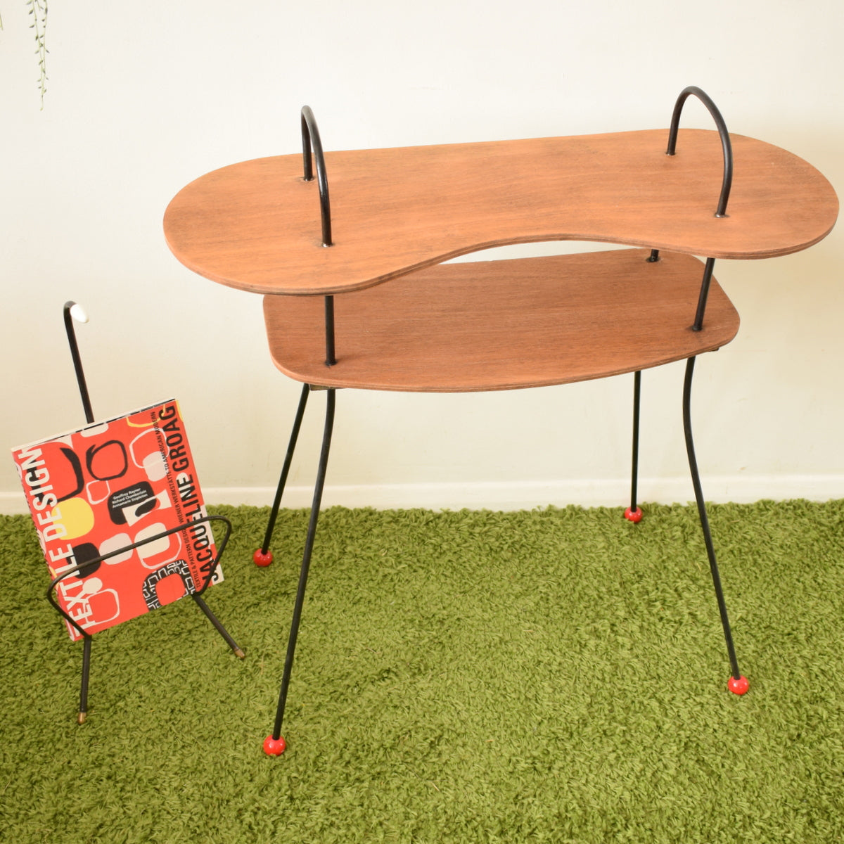 Vintage 1950s Atomic Hall Table - Teak Plywood / Metal - Red Ball Feet